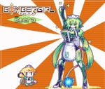  1girl apron bangs bombergirl breasts chibi emera_(bombergirl) green_eyes green_hair hair_ornament long_hair looking_at_viewer pixel_art simple_background solo twintails uramoto_kouji very_long_hair 