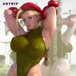  1girl abs ahoge alternate_breast_size armpits arms_behind_head arms_up artist_name artnip ass beret blonde_hair blue_eyes braid breasts buck_teeth cammy_white commentary covered_navel covered_nipples elbow_gloves english_commentary facial_scar flat_ass forehead gloves green_leotard hat highleg highleg_leotard huge_ahoge impossible_clothes impossible_leotard large_breasts leotard lips long_braid long_hair low-tied_long_hair mirror muscle muscular_female nose parted_lips realistic red_gloves red_headwear reflection scar scar_on_cheek signature solo street_fighter street_fighter_ii_(series) sweat thick_eyebrows thong_leotard twin_braids 