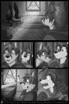  2:3 anthro canid canine cloak clothed clothing column comic dialogue duo english_text fox furniture gear_(foxgear) hair inside isoke_(lokiaesir) jackaloo male mammal medieval melee_weapon monochrome partially_clothed shkkf sitting stained_glass stepson surprise sword text tio_(character) weapon window wings 