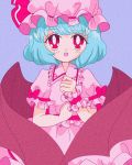  1990s_(style) 1girl bat_wings blue_hair bow dress eyebrows_visible_through_hair fang frills hanadi_detazo hat hat_ribbon mob_cap pink_dress puffy_short_sleeves puffy_sleeves red_bow red_eyes red_ribbon remilia_scarlet ribbon sash short_hair short_sleeves smile solo touhou wings 