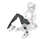  1girl absurdres alma01 breasts character_request finger_to_mouth girls_frontline gun highres leggings looking_at_viewer medium_breasts monochrome sitting solo spot_color weapon weapon_request white_background yellow_eyes 