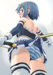  1girl armlet ass bare_shoulders blue_gloves blue_hair blue_panties blue_shirt blue_skirt blush boots chicken_(chickenx) cowboy_shot crotch_seam elbow_gloves frilled_shirt frills from_behind gloves hair_ornament hairclip highres holding holding_sword holding_weapon lifted_by_another looking_at_viewer looking_back magical_girl mahou_shoujo_madoka_magica miki_sayaka miniskirt open_mouth panties pleated_skirt polearm shirt short_hair skirt skirt_lift spear standing striped striped_panties sword thigh_boots thigh_strap thighhighs underwear weapon white_footwear white_gloves 