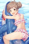  1girl absurdres bikini bikini_bottom bikini_top brown_hair cowlick frilled_bikini frills hair_bun hakozaki_serika highres idolmaster idolmaster_million_live! inflatable_shark inflatable_toy looking_at_viewer open_mouth pool solo swimsuit wet yellow_eyes yoshika_(music480069) 