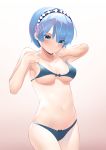  1girl absurdres adjusting_clothes adjusting_swimsuit bare_shoulders bikini blue_bikini blue_eyes blue_hair blush bob_cut breasts cleavage closed_mouth commentary_request cowboy_shot front-tie_bikini front-tie_top gradient gradient_background hair_ornament hairband highres legs_together looking_down navel re:zero_kara_hajimeru_isekai_seikatsu rem_(re:zero) short_hair simple_background skindentation solo standing stomach swimsuit x_hair_ornament zeppeki_shoujo 