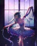  1girl ballerina ballet ballet_dress breasts cleavage collarbone dancer_(sekaiju) flower green_hair hair_flower hair_ornament highres long_hair milktea_0021 original scissors 