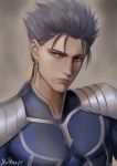 1boy armor blue_hair closed_mouth cu_chulainn_(fate)_(all) earrings fate/stay_night fate_(series) highres jewelry lancer lips looking_at_viewer ponytail red_eyes shoulder_armor signature solo spiked_hair type-moon yagitome87 