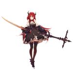  1girl arknights ask_(askzy) bangs bare_shoulders black_dress black_footwear black_legwear breasts cleavage dress full_body hair_between_eyes highres holding holding_sword holding_weapon horns long_hair long_sleeves looking_at_viewer medium_breasts off_shoulder official_art purple_eyes red_hair shoes short_dress solo standing surtr_(arknights) sword thigh_strap thighhighs transparent_background very_long_hair weapon 