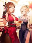  2girls alcohol armlet arms_behind_back atelier_(series) atelier_ryza atelier_ryza_2 bangs bare_shoulders black_gloves black_legwear blonde_hair blue_dress blush bow braid breasts brown_eyes brown_hair cake chandelier choker cleavage closed_mouth cocktail_glass covered_navel cup dessert dress drinking_glass earrings evening_gown food gloves green_eyes hair_bun hair_ornament halterneck highres holding holding_cup holding_tray index_finger_raised indoors jewelry klaudia_valentz large_breasts licking_lips looking_at_viewer multiple_girls necklace official_art one_eye_closed pantyhose red_bow red_dress reisalin_stout sample short_hair side_slit sidelocks single_braid smile standing swept_bangs table thighs tongue tongue_out toridamono tray 