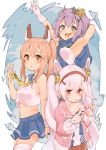  3girls :d anchor_symbol animal_ears armpits ayanami_(azur_lane) azur_lane bandaid bandaid_on_arm bare_shoulders blue_hoodie blue_sailor_collar blue_skirt breasts brown_eyes bunny_ears commentary_request crop_top crown fake_animal_ears gloves green_eyes hair_ornament hairclip hairpin headgear jacket javelin_(azur_lane) laffey_(azur_lane) light_brown_hair long_hair looking_at_viewer mashiro_kta midriff mini_crown multiple_girls navel open_mouth parted_lips pink_hair pleated_skirt ponytail purple_hair red_eyes red_skirt revision sailor_collar school_uniform serafuku skirt small_breasts smile thighhighs twintails v white_gloves yellow_neckwear zettai_ryouiki 