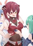  3girls @_@ absurdres animal_ears ascot belt blue_dress blush bodysuit_under_clothes breast_envy breasts bunny_ears cleavage commentary covered_navel detached_sleeves dress empty_eyes fidget_spinner hair_ribbon heterochromia highres hololive houshou_marine large_breasts looking_at_another multiple_girls open_mouth pleated_skirt red_eyes red_hair red_neckwear red_skirt red_vest restrained ribbon simple_background skirt sleeveless small_breasts twintails uruha_rushia usada_pekora vest virtual_youtuber wavy_mouth white_background white_dress yellow_eyes zeppeki_shoujo 