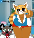  aggressive_retsuko ailurid anthro bent_over big_breasts blush bodily_fluids breasts canid canine cleavage clothed clothing computer devil_horns_(gesture) duo english_text female fur gesture green_eyes haida hand_on_leg hyaenid inside looking_at_viewer male mammal office open_mouth red_panda retsuko sanrio smile spotted_hyena sweat teeth text thick_thighs tongue tongue_out twitter wide_hips xiongshan 