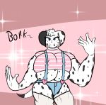  absurd_res anthro barking breast_squish breasts canid canine canis clothing dalmatian domestic_dog english_text female hi_res huegirl19 legwear mammal muscular muscular_anthro muscular_female pink_background simple_background solo sparkles squish suspenders text thigh_highs tight_clothing tsumu under_boob 