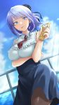 1girl :p absurdres blue_eyes breasts dagashi_kashi food hand_on_own_chest highres holding holding_food looking_at_viewer medium_breasts purple_hair shidare_hotaru solo tokufumi tongue tongue_out 