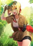  1girl :d absurdres ahoge bangs bike_shorts black_shorts blonde_hair braid braided_bun breasts brown_skirt cleavage collarbone collared_shirt cowboy_shot crop_top day eyebrows_visible_through_hair fate/extra fate/grand_order fate_(series) green_eyes hair_between_eyes hair_intakes hair_ribbon heroic_spirit_traveling_outfit highres leaning_forward looking_at_viewer medium_breasts miniskirt nero_claudius_(fate) nero_claudius_(fate)_(all) open_clothes open_mouth outdoors plant popo_ot red_ribbon ribbon shade shiny shiny_hair shirt short_hair short_shorts short_sleeves shorts skirt smile solo standing sunlight 