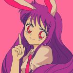  1990s_(style) 1girl animal_ears blouse blush bunny_ears collared_blouse crescent crescent_moon_pin eyebrows_visible_through_hair hanadi_detazo index_finger_raised long_hair necktie pink_background puffy_short_sleeves puffy_sleeves purple_hair red_eyes red_neckwear reisen_udongein_inaba short_sleeves skirt smile solo touhou white_blouse 