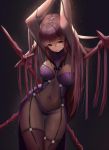  1girl armor arms_up bangs bodysuit breasts closed_mouth crying_eye fate/grand_order fate_(series) gae_bolg hair_between_eyes highres large_breasts long_hair looking_at_viewer pauldrons polearm purple_bodysuit purple_hair red_eyes scathach_(fate)_(all) scathach_(fate/grand_order) shoulder_armor spear thighs weapon 