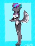  3:4 anthro black_hair blep bra canid canine canis clothing ear_piercing female hair hi_res highlights_(coloring) hybrid mammal panties piercing silly_face solo sonja_wusky teaser teasing tongue tongue_out underwear unknown_artist wolf wolfdog 