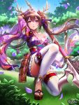  1girl antlers armor box_(hotpppink) breasts brown_hair cleavage collarbone commentary_request day full_body grass hair_between_eyes holding holding_spear holding_weapon long_hair looking_at_viewer medium_breasts official_art outdoors polearm purple_eyes sengoku_kishin_valkyrie skirt sky solo spear thighhighs tree twintails weapon 