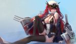  1girl absurdres azhang azur_lane bare_shoulders black_jacket breasts cleavage covered_nipples full_body gloves hat highres honolulu_(azur_lane) jacket large_breasts long_hair looking_at_viewer off-shoulder_jacket off_shoulder peaked_cap red_eyes red_hair rigging simple_background sitting solo white_gloves 