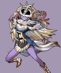  1girl archfiend_eccentrick boots bracelet breasts cape commentary_request covered_eyes demon_girl duel_monster feather_trim feathers gem grin highres horns jewelry medium_breasts ooike_teru purple_background purple_skin simple_background skull smile solo white_cape white_footwear yuu-gi-ou 
