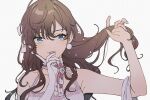  1girl arm_up bangs bow brown_hair choker collarbone dot_nose dress earrings gloves grey_background hair_bow hand_in_hair hand_on_own_cheek hand_on_own_face ichinose_shiki idolmaster idolmaster_cinderella_girls iwawa jewelry long_hair open_mouth pink_bow pink_dress pom_pom_(clothes) pom_pom_earrings single_glove sleeveless sleeveless_dress solo upper_body 