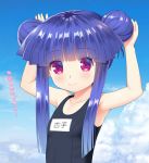  1girl arms_up bangs bare_arms bare_shoulders black_swimsuit blue_hair blue_sky blunt_bangs blush breasts closed_mouth cloud commentary_request day double_bun eyebrows_visible_through_hair furude_rika gaou higurashi_no_naku_koro_ni name_tag one-piece_swimsuit outdoors purple_eyes school_swimsuit sidelocks sky small_breasts smile solo swimsuit translation_request upper_body 