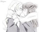  2girls blush couple diana_cavendish embarrassed eye_contact happy kagari_atsuko kaiyamon little_witch_academia long_hair looking_at_another monochrome multiple_girls open_mouth scarf simple_background smile surprised wavy_hair white_background yuri 