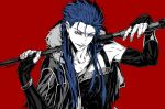  1boy blue_hair capelet collarbone cu_chulainn_(fate)_(all) cu_chulainn_(fate/grand_order) elbow_gloves fate/grand_order fate_(series) fingerless_gloves fur fur-trimmed_hood fur_trim gloves hood hood_down hooded_capelet long_hair open_mouth red_background red_eyes sei_8220 simple_background solo spiked_hair staff type-moon 
