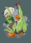  breasts denim denim_shorts earrings english_commentary green_hair green_skin highres jack-o&#039;-lantern jewelry leg_up looking_at_viewer medium_breasts monster_girl open_mouth pink_eyes poch4n rottytops shantae_(series) shantae_and_the_pirate&#039;s_curse short_shorts shorts skull_earrings smile underboob zombie 