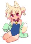  1girl :o animal_ear_fluff animal_ears bare_legs bare_shoulders barefoot bell bell_collar blonde_hair blue_swimsuit blush brown_collar collar competition_school_swimsuit covered_navel double_bun drawstring fox_ears fox_girl fox_tail green_jacket groin highres jacket jingle_bell kemomimi-chan_(naga_u) long_sleeves looking_at_viewer naga_u off_shoulder one-piece_swimsuit open_clothes open_jacket original parted_lips shadow sidelocks sitting sleeves_past_fingers sleeves_past_wrists solo swimsuit tail tan tanline white_background yokozuwari 