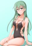  1girl anti_(untea9) aqua_eyes aqua_hair bangs black_swimsuit breasts cleavage collarbone commentary_request eyebrows_visible_through_hair green_background hair_between_eyes hair_ornament hairclip highres kantai_collection long_hair looking_at_viewer medium_breasts one-piece_swimsuit sitting smile solo suzuya_(kantai_collection) swimsuit wariza 