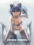  1girl alternate_hair_color animal_ears arm_up bangs bikini blue_eyes blue_hair blush breasts chikuwa_(tks) claw_pose collarbone common_raccoon_(kemono_friends) copyright_name detached_collar elbow_gloves eyebrows_visible_through_hair fang from_above front-tie_bikini front-tie_top full_body fur_collar gloves highres kemono_friends kneeling looking_at_viewer looking_up medium_breasts medium_hair micro_bikini navel open_mouth raccoon_ears raccoon_tail skindentation solo spread_legs stomach swimsuit tail thighhighs 
