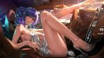  1girl azur_lane backless_dress backless_outfit bangs bare_shoulders blue_hair blue_nails bracelet breasts building car car_interior cityscape cleavage dress earrings evening_gown game_cg grey_dress ground_vehicle hair_between_eyes halter_dress jewelry large_breasts motor_vehicle nail_polish necklace night night_sky official_art pink_eyes plunging_neckline revealing_clothes side_ponytail sidelocks silver_dress silver_footwear sky skyscraper st._louis_(azur_lane) st._louis_(luxurious_wheels)_(azur_lane) thighs yang-do 