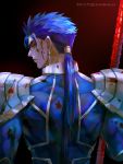  1boy armor back black_background blood blood_splatter blue_hair cu_chulainn_(fate)_(all) earrings fate_(series) from_behind gae_bolg jewelry kim_yura_(goddess_mechanic) long_hair looking_at_viewer looking_back ponytail red_eyes shoulder_armor simple_background solo spiked_hair twitter_username type-moon 