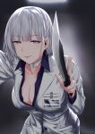 1girl breasts business_suit cleavage closed_mouth collarbone eyebrows_visible_through_hair formal girls_frontline headphones highres holding holding_knife knife lips looking_at_viewer medium_breasts medium_hair purple_eyes rpk-16_(girls_frontline) sam_(metalibon) silver_hair simple_background smirk solo suit white_suit 