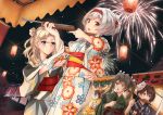  4girls aerial_fireworks akagi_(kantai_collection) blonde_hair blue_eyes blue_kimono blush bokukawauso brown_eyes brown_hair closed_mouth eyebrows_visible_through_hair fireworks floral_print fox_mask gambier_bay_(kantai_collection) green_eyes green_kimono hair_between_eyes highres holding hornet_(kantai_collection) ikayaki japanese_clothes k_jie kaga_(kantai_collection) kantai_collection kimono long_hair long_sleeves mask mask_on_head mouth_hold multiple_girls night obi open_mouth print_kimono sash shoukaku_(kantai_collection) side_ponytail symbol_commentary twintails white_hair wide_sleeves yukata zuikaku_(kantai_collection) 