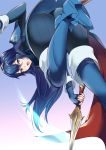  1girl ameno_(a_meno0) armor ass bent_over blue_eyes blue_hair cape falchion_(fire_emblem) fingerless_gloves fire_emblem fire_emblem_awakening from_behind gloves hair_between_eyes long_hair looking_at_viewer looking_back lucina_(fire_emblem) open_mouth solo sword thighs tiara weapon 