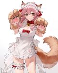  1girl aiko_(kanl) animal_ear_fluff animal_ears apron bare_shoulders bell breasts brown_eyes cleavage collar fate/grand_order fate_(series) fox_ears fox_girl fox_tail gloves hair_ribbon hands_up headdress jingle_bell large_breasts leg_garter long_hair looking_at_viewer naked_apron paw_gloves paws pink_hair ribbon simple_background solo tail tamamo_(fate)_(all) tamamo_cat_(fate) thighs white_apron white_background 