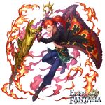  1boy belt black_jacket blue_pants boots box_(hotpppink) copyright_name eden_fantasia flaming_weapon full_body fur_trim hair_over_one_eye hair_tie holding holding_lance holding_polearm holding_weapon jacket knee_boots lance male_focus official_art pants polearm ponytail red_hair watermark weapon white_background 
