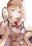  1girl :d absurdres bangs blonde_hair blue_eyes blush brown_coat brown_headwear coat collared_shirt commentary_request curcumin deerstalker eyebrows_visible_through_hair grin hair_ornament hairclip hand_on_hip hat highres holding holding_magnifying_glass hololive hololive_english long_sleeves magnifying_glass necktie open_clothes open_coat open_mouth red_neckwear shirt short_hair simple_background smile solo teeth twitter_username upper_body virtual_youtuber watson_amelia white_background white_shirt 