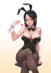  1girl animal_ears arm_behind_back arm_support bangs bar_stool bare_shoulders black_hair black_leotard bloom bow bowtie breasts brown_legwear bunny_ears bunnysuit candy collarbone cross-laced_clothes crossed_legs detached_collar fake_animal_ears food gradient gradient_background hand_up highleg highleg_leotard highres holding holding_candy holding_food holding_lollipop jrajazon large_breasts leotard lips lollipop long_hair looking_at_viewer on_chair open_mouth orange_eyes original pantyhose parted_bangs shiny shiny_clothes shiny_skin sitting solo stool strapless strapless_leotard wide_hips wrist_cuffs 