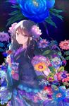  1girl black_hair flower hair_flower hair_ornament highres holding holding_flower japanese_clothes kazu_(muchuukai) kimono original purple_eyes solo spider_lily wide_sleeves 
