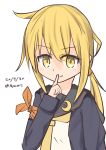  1girl artist_request blonde_hair crescent crescent_moon_pin dated finger_to_mouth highres jacket kantai_collection long_hair looking_at_viewer sailor_collar satsuki_(kantai_collection) school_uniform serafuku simple_background solo twintails twitter_username white_background yellow_eyes yellow_neckwear 