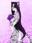  anthro black_body black_fur black_hair blue_eyes butt catherinemeow felid female flower fluffy fluffy_tail fur hair hi_res holding_object horn leopard mammal multicolored_body multicolored_fur multicolored_hair pantherine plant purple_hair simple_background smile solo two_tone_body two_tone_fur two_tone_hair white_body white_fur 