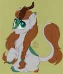  2019 airfly-pony alternate_species asian_mythology braided_hair braided_mane brown_mane brown_tail chinese_mythology cloven_hooves east_asian_mythology fan_character female feral fetlocks green_eyes hair hasbro hi_res hooves horn inner_ear_fluff kirin looking_at_viewer mane my_little_pony mythology open_mouth scarlett_drop signature simple_background sitting solo text tuft yellow_background 