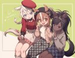  alternate_costume animal_ears beige_hoodie beret black_hair black_neckwear black_pants blue_eyes blue_skirt braid brown_eyes brown_thoroughbred_(kemono_friends) casual chestnut_thoroughbred_(kemono_friends) choker commentary_request dark_skin ears_through_headwear eyebrows_visible_through_hair frilled_legwear frilled_skirt frills glasses hat headgear highres hood hoodie horse_ears horse_girl horse_tail jacket kemono_friends kemono_friends_3 light_brown_hair long_sleeves multicolored_hair namihaya pants pink_jacket pink_skirt plaid plaid_pants plaid_skirt pleated_skirt ponytail red_shirt shirt short_hair sitting skirt sleeve_cuffs socks tail white_hair white_legwear white_pants white_shirt white_skirt white_thoroughbred_(kemono_friends) 