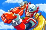  1boy android blonde_hair clenched_teeth cloud commentary_request day helmet holding kin-san_(sasuraiga) long_hair male_focus motion_blur outdoors rockman rockman_zero sky solo sword teeth upper_body weapon weapon_on_back zero_(rockman) 