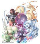  artist_name bisharp blue_eyes commentary_request crystal drifblim fire froslass gen_1_pokemon gen_3_pokemon gen_4_pokemon gen_5_pokemon highres holding ninetales no_humans open_mouth orange_eyes pokemon pokemon_(creature) sableye signature substitute_(pokemon) tomosatooon tongue watermark whimsicott white_background 