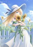  1girl aqua_eyes bangs bare_arms bare_shoulders blonde_hair blue_ribbon blue_sky blunt_bangs cloud day dress eyebrows_visible_through_hair feet_out_of_frame fence flower gohei_(aoi_yuugure) hat hat_ribbon highres holding holding_flower leaf long_hair looking_at_viewer off-shoulder_dress off_shoulder original outdoors ribbon sky solo standing sun_hat sunflower sunflower_petals white_dress white_headwear wristband 