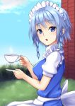  1girl aqua_hair bangs blue_eyes braid breasts brick_wall bush commentary_request cup eyebrows_visible_through_hair fingernails from_side grass highres holding holding_cup holding_plate izayoi_sakuya looking_at_viewer maid maid_headdress medium_breasts open_mouth outdoors plate sitting solo steam tattuuy tea teacup touhou twin_braids 